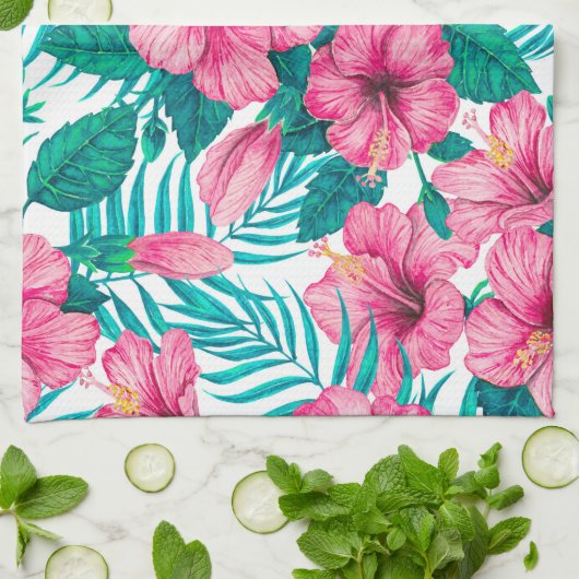 ハイビスカスとパーム葉の キッチンタオル (折り畳み)