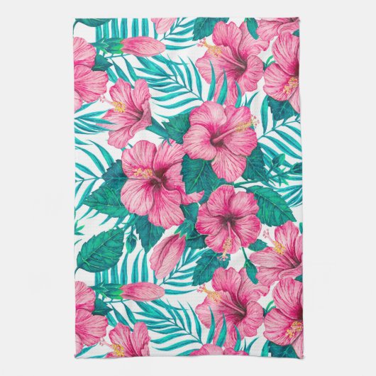 ハイビスカスとパーム葉の キッチンタオル (縦)