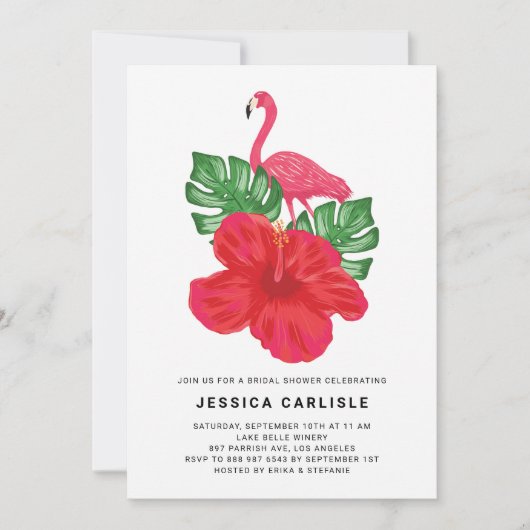 ハイビスカスとピンクフラミンゴ熱帯ブライダルシャワー 招待状 (正面)