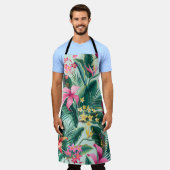 ハイビスカスとフローラの継ぎ目のない熱帯パターン エプロン (着用した状態)