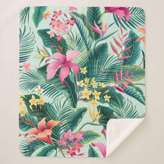 ハイビスカスとフローラの継ぎ目のない熱帯パターン シェルパブランケット (正面)