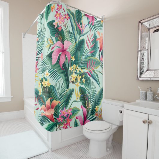 ハイビスカスとフローラの継ぎ目のない熱帯パターン シャワーカーテン (インサイチュ)
