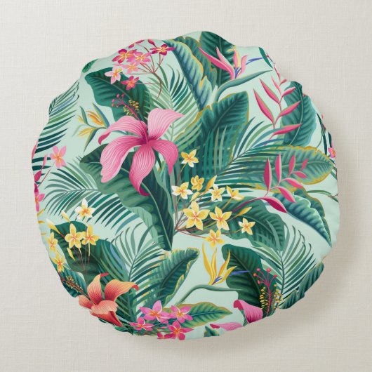 ハイビスカスとフローラの継ぎ目のない熱帯パターン ラウンドクッション (裏面)