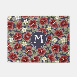 ハイビスカスとプルメリア – マルーン ドアマット