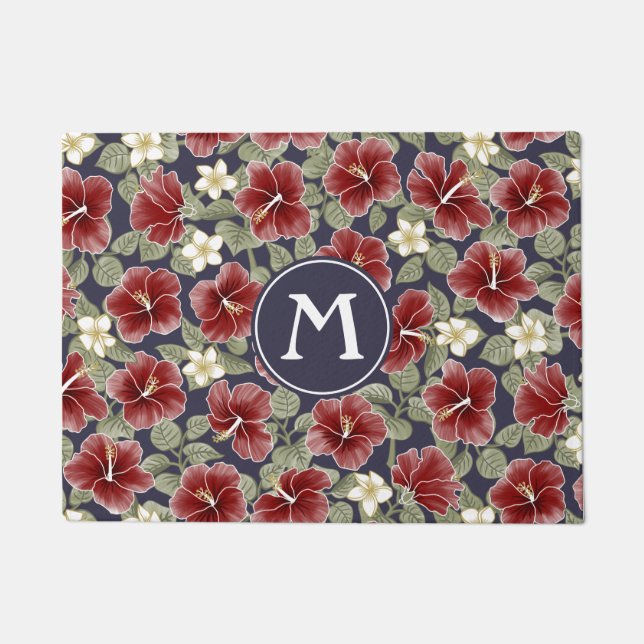 ハイビスカスとプルメリア – マルーン ドアマット (正面)