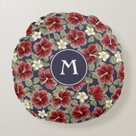 ハイビスカスとプルメリア – マルーン ラウンドクッション