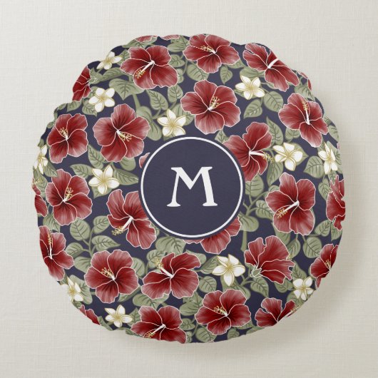 ハイビスカスとプルメリア – マルーン ラウンドクッション (正面)