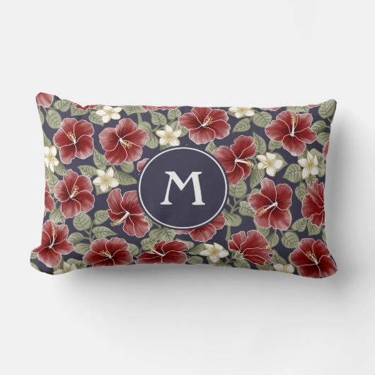ハイビスカスとプルメリア – マルーン ランバークッション (正面)