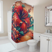 ハイビスカスと海波 – 鮮やかフローラアート シャワーカーテン (インサイチュ)