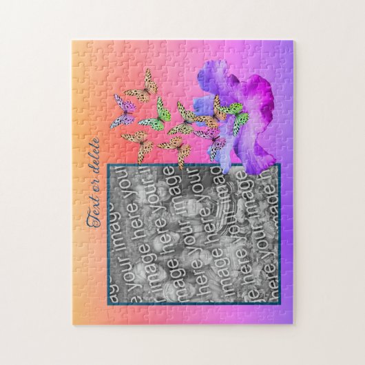 ハイビスカスと蝶があなたの写真を追加パーソナライズされた ジグソーパズル (縦)