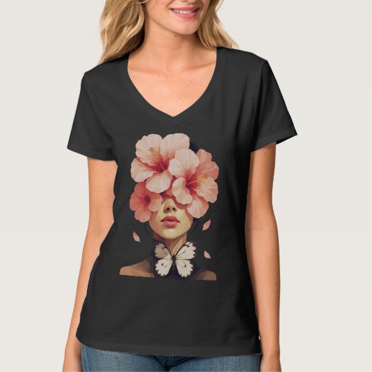 ハイビスカスと蝶 - モダンフローラルボタニカル Tシャツ (正面)