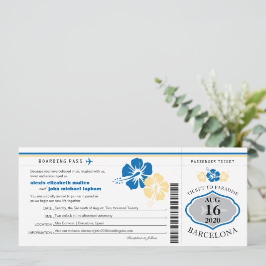 ハイビスカスによってはスペインの搭乗券の結婚式が開花します 招待状 (スタンド正面)