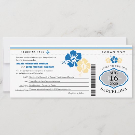 ハイビスカスによってはスペインの搭乗券の結婚式が開花します 招待状 (正面)