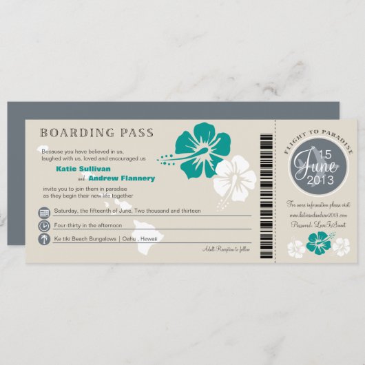 ハイビスカスによってはハワイの搭乗券が開花します 招待状 (正面/裏面)