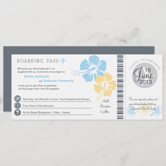 ハイビスカスによっては搭乗券の結婚式が開花します 招待状 (正面/裏面)