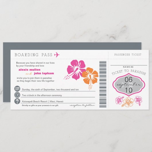 ハイビスカスによっては搭乗券の結婚式招待状が開花します 招待状 (正面/裏面)