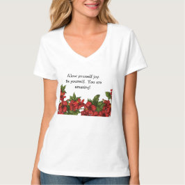 ハイビスカスのデザインが入ったVネックTシャツ Tシャツ