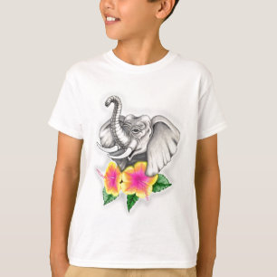 ハイビスカスのデザインの象 Tシャツ