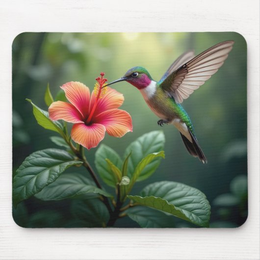 ハイビスカスの上を漂うハミングバード マウスパッド (正面)