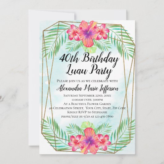 ハイビスカスの熱帯ルアウ（ハワイ式宴会）のビーチの第40誕生日 招待状 (正面)