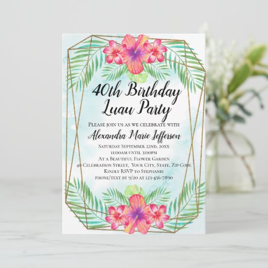 ハイビスカスの熱帯ルアウ(ハワイ式宴会)のビーチの第40誕生日 招待状 (スタンド正面)