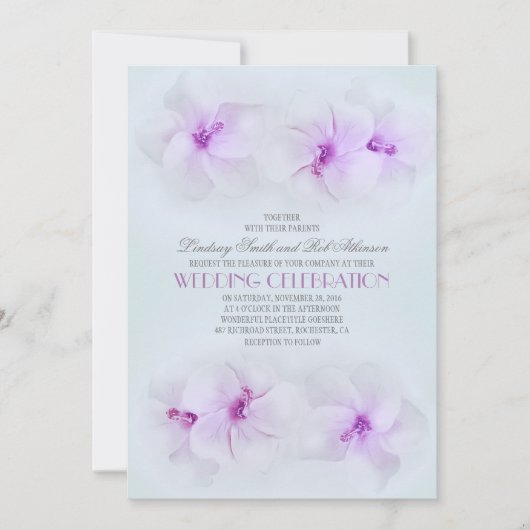 ハイビスカスの紫色ビーチ結婚式招待 招待状 (正面)