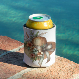 ハイビスカスの花が付いたトロピカルサマーのストローハット 缶クーラー