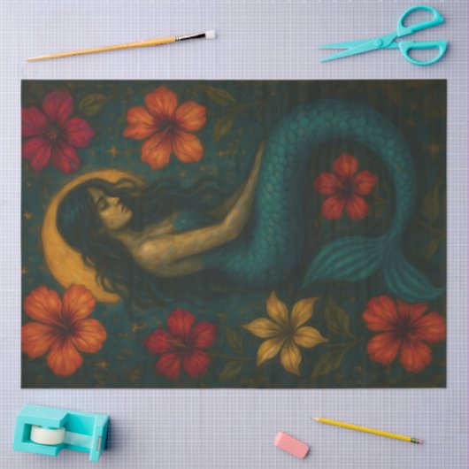 ハイビスカスの花が切り離される神秘的な人魚 薄葉紙 (クラフト)