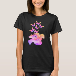 ハイビスカスの花とカラフルな蝶のアブストラクト Tシャツ