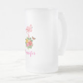 ハイビスカスの花と水色ピンクのフラミンゴ フロストグラスビールジョッキ (正面右)