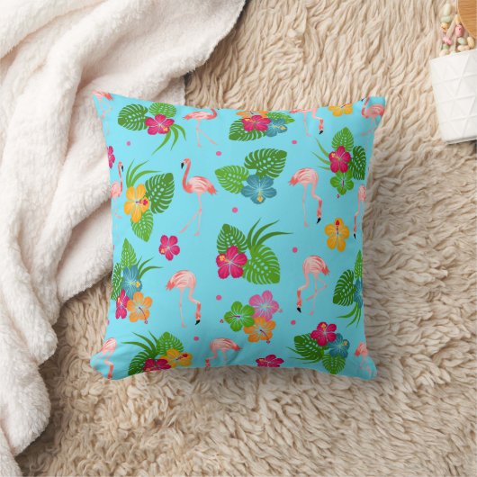 ハイビスカスの花を持つフラミンゴの鳥 クッション (ブランケット)
