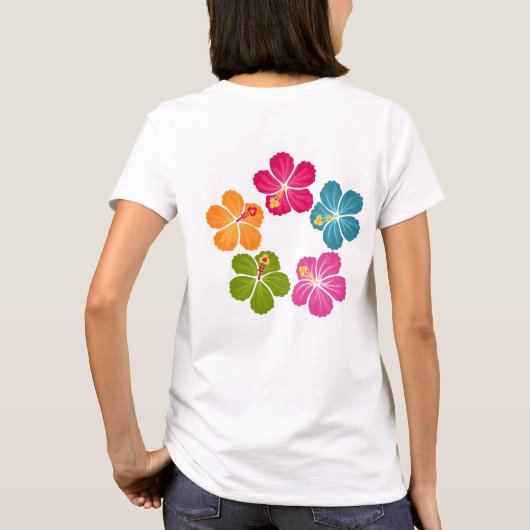 ハイビスカスの花を持つフラミンゴの鳥 Tシャツ (裏面)