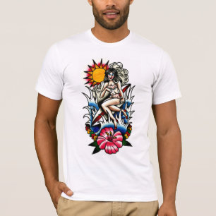 ハイビスカスの花を持つ入れ墨のサーファーPinの女の子 Tシャツ