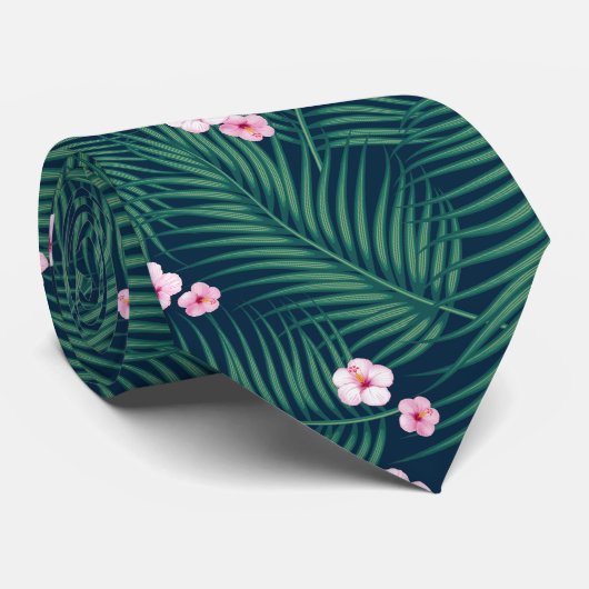 ハイビスカスの花を葉持つ緑の熱帯ヤシの花 ネクタイ (ロール)