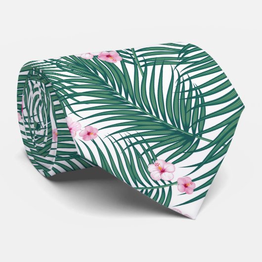 ハイビスカスの花を葉持つ緑の熱帯ヤシの花 ネクタイ (ロール)