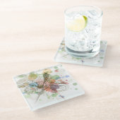 ハイビスカスの花及び水彩画の背景 ガラスコースター (アングル)