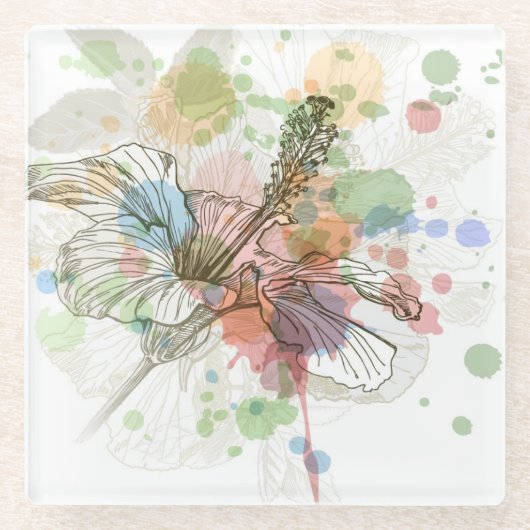 ハイビスカスの花及び水彩画の背景 ガラスコースター (正面)