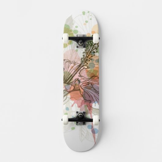 ハイビスカスの花及び水彩画の背景 スケートボード (正面)