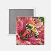 ハイビスカスの花鮮やかを受粉させるミツバチ マグネット (正面/裏面)