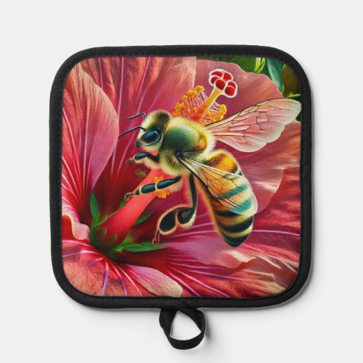 ハイビスカスの花鮮やかを受粉させるミツバチ 鍋敷き (正面)