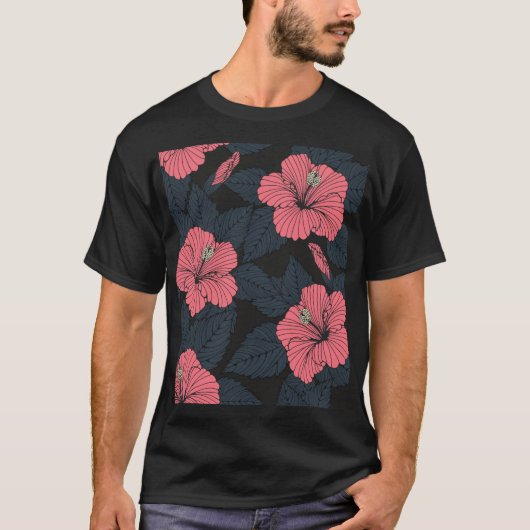 ハイビスカスの花:ダークシームレスの壁紙。 Tシャツ (正面)
