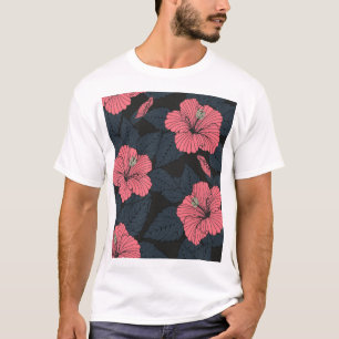 ハイビスカスの花:ダークシームレスの壁紙。 Tシャツ