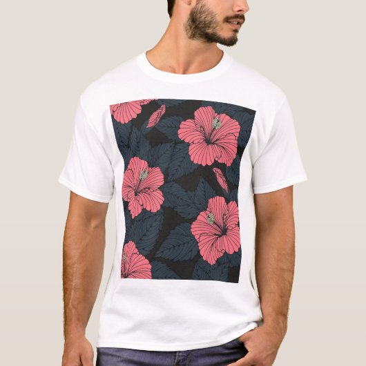 ハイビスカスの花：ダークシームレスの壁紙。 Tシャツ (正面)