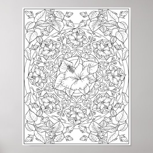 ハイビスカスの花 大人の塗り絵曼荼羅 ポスター (正面)