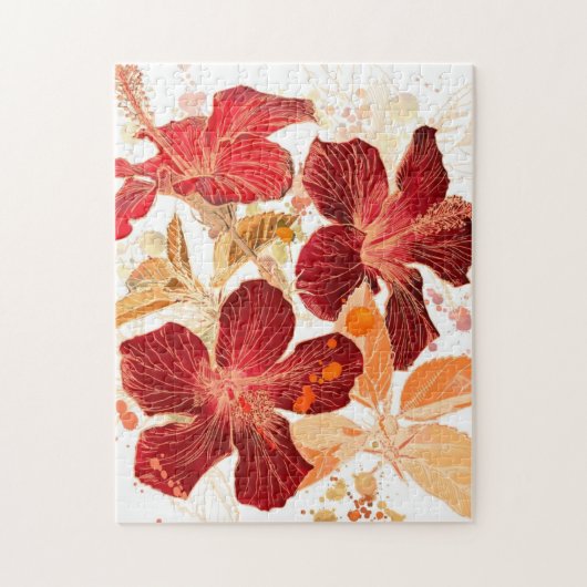 ハイビスカスの花-水彩画のペンキ2 ジグソーパズル (縦)