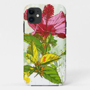 ハイビスカスの花-水彩画のペンキ iPhone 11 ケース