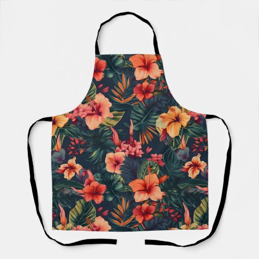 ハイビスカスの花、熱帯性花の模様 エプロン (正面)
