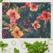 ハイビスカスの花、熱帯性花の模様 キッチンタオル (折り畳み)