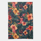 ハイビスカスの花、熱帯性花の模様 キッチンタオル (縦)