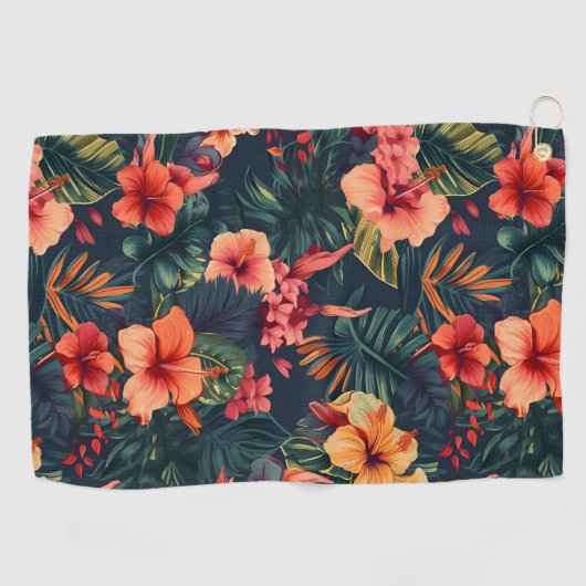ハイビスカスの花、熱帯性花の模様 ゴルフタオル (横)